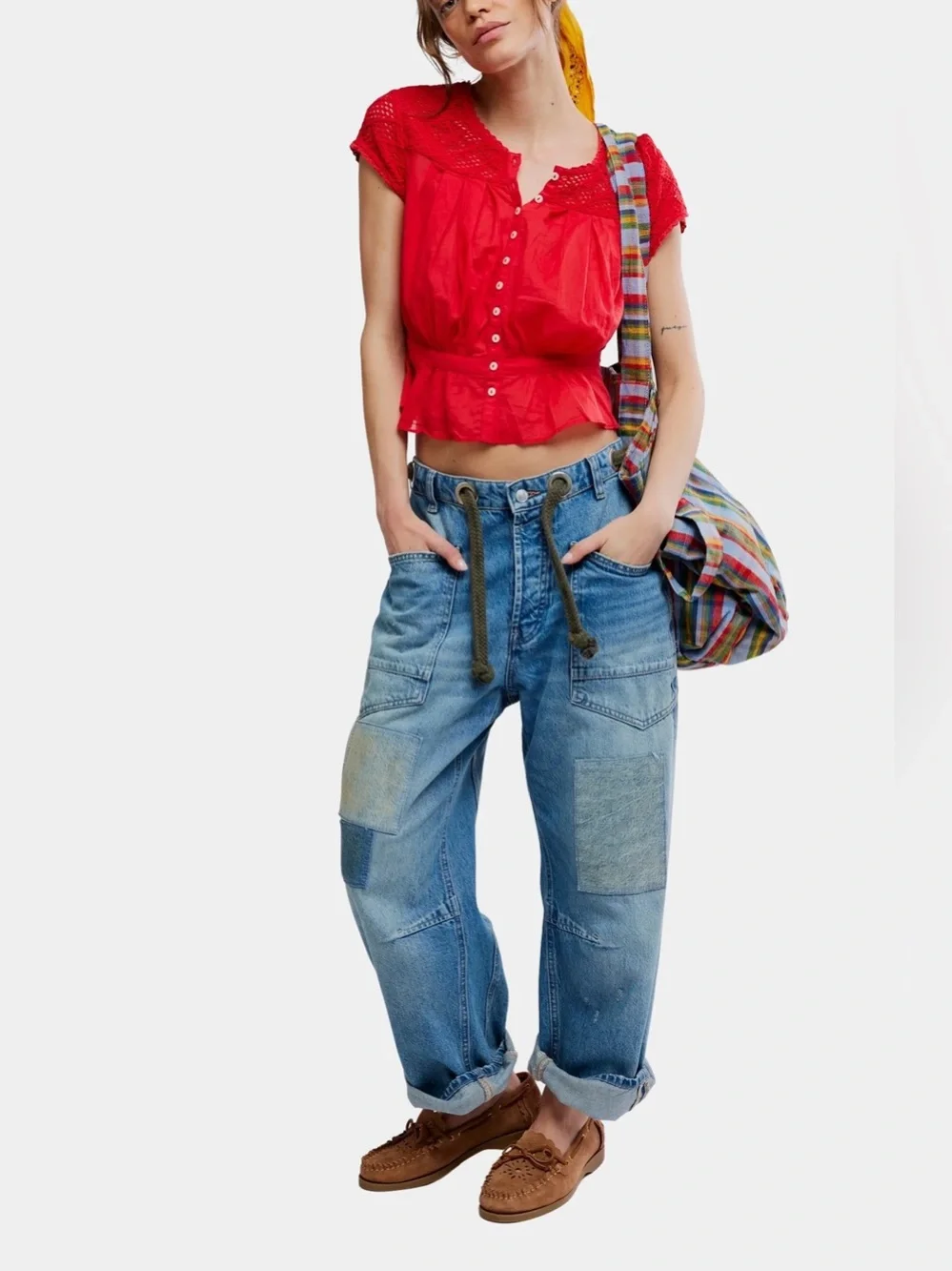 🆕 FREE PEOPLE High Risk Gemma Embroidered Top Red  Peplum Top NWT SZ MED